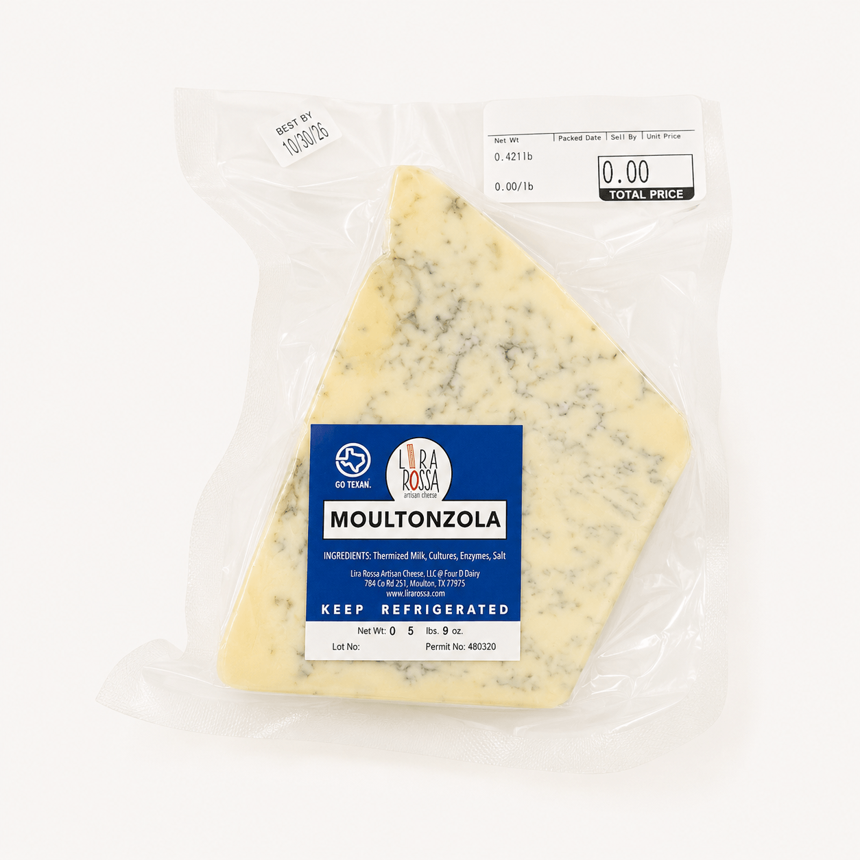 Moultonzola – Italian Blue Cheese in packaging, showcasing its creamy texture and blue veining.