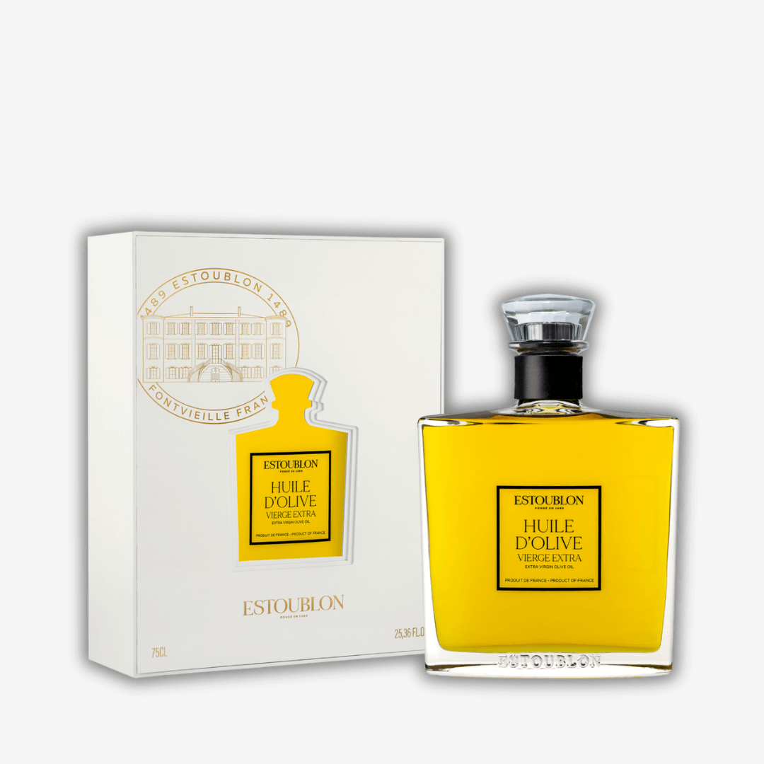 Flacon Couture Grand Cru Olive Oil in an elegant bottle with packaging showcasing Estoublon branding.
