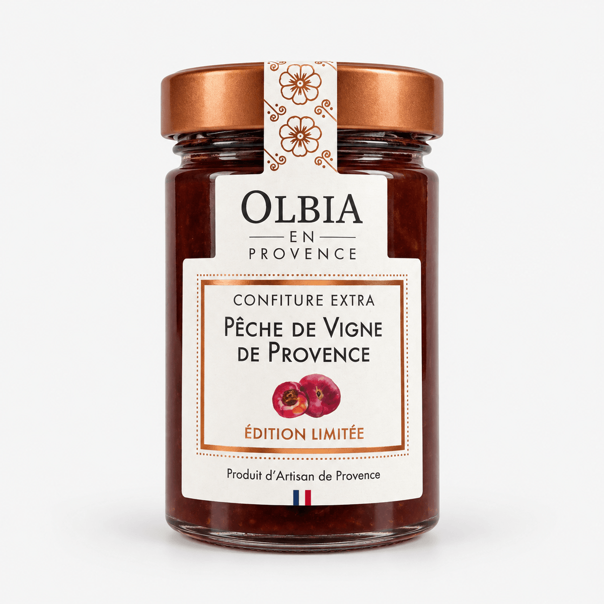 Olbia Vineyard Peach Jam in a glass jar showcasing its rich color and artisanal label, perfect for breakfast or charcuterie boards.