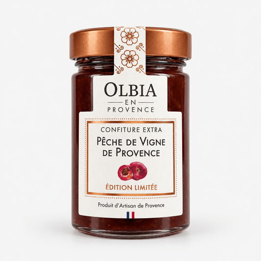 Olbia Vineyard Peach Jam in a glass jar showcasing its rich color and artisanal label, perfect for breakfast or charcuterie boards.