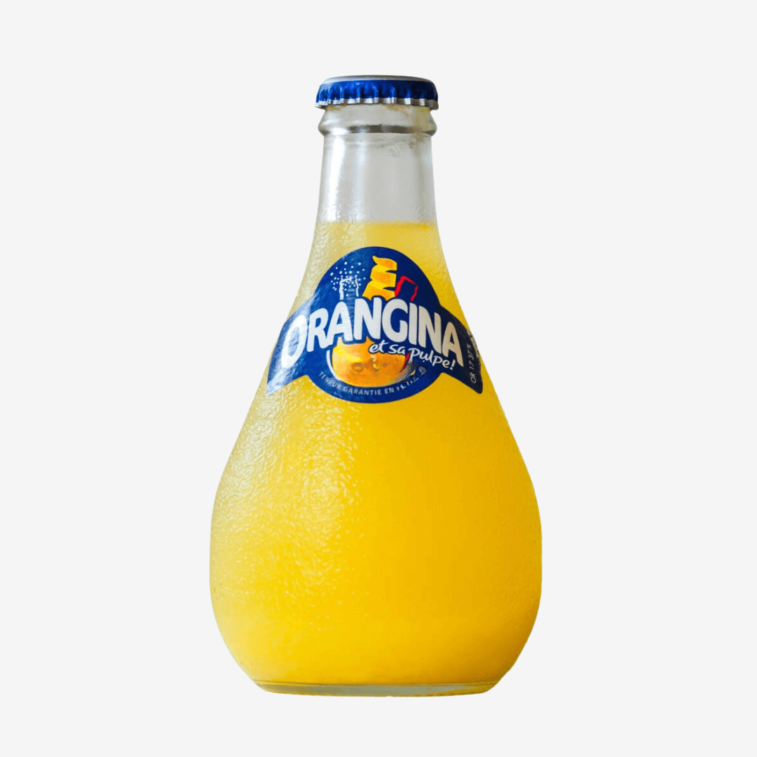 Orangina - Sparkling Citrus Water in unique bottle showcasing refreshing orange beverage with bubbles.
