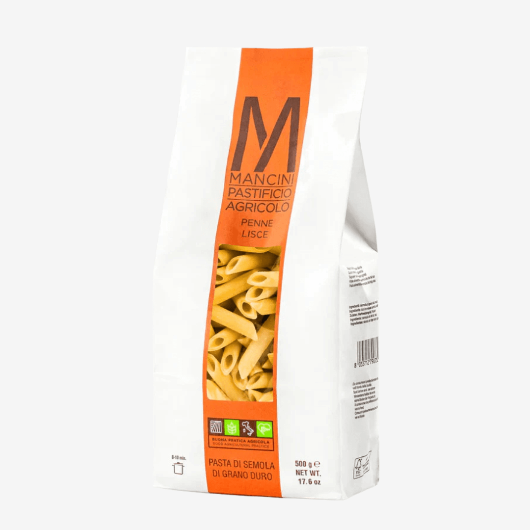 Mancini Italian Pasta Penne Lisce package, made from 100% durum wheat semolina, 17.6 oz.