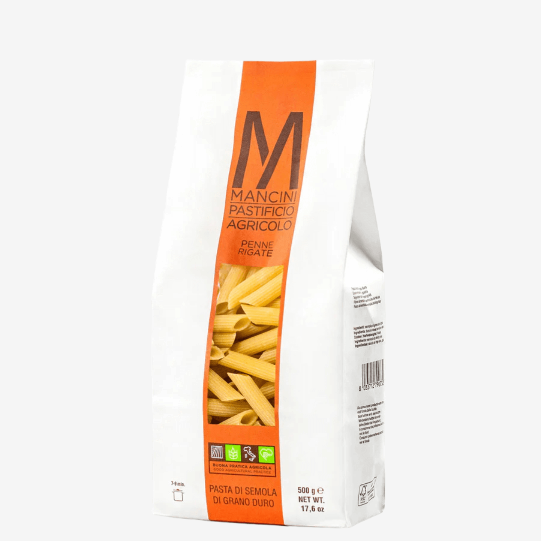 Mancini Italian Pasta Penne Rigate packaging showcasing durum wheat pasta from Italy, 17.6 oz.