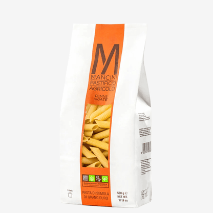 Mancini Italian Pasta Penne Rigate packaging showcasing durum wheat pasta from Italy, 17.6 oz.
