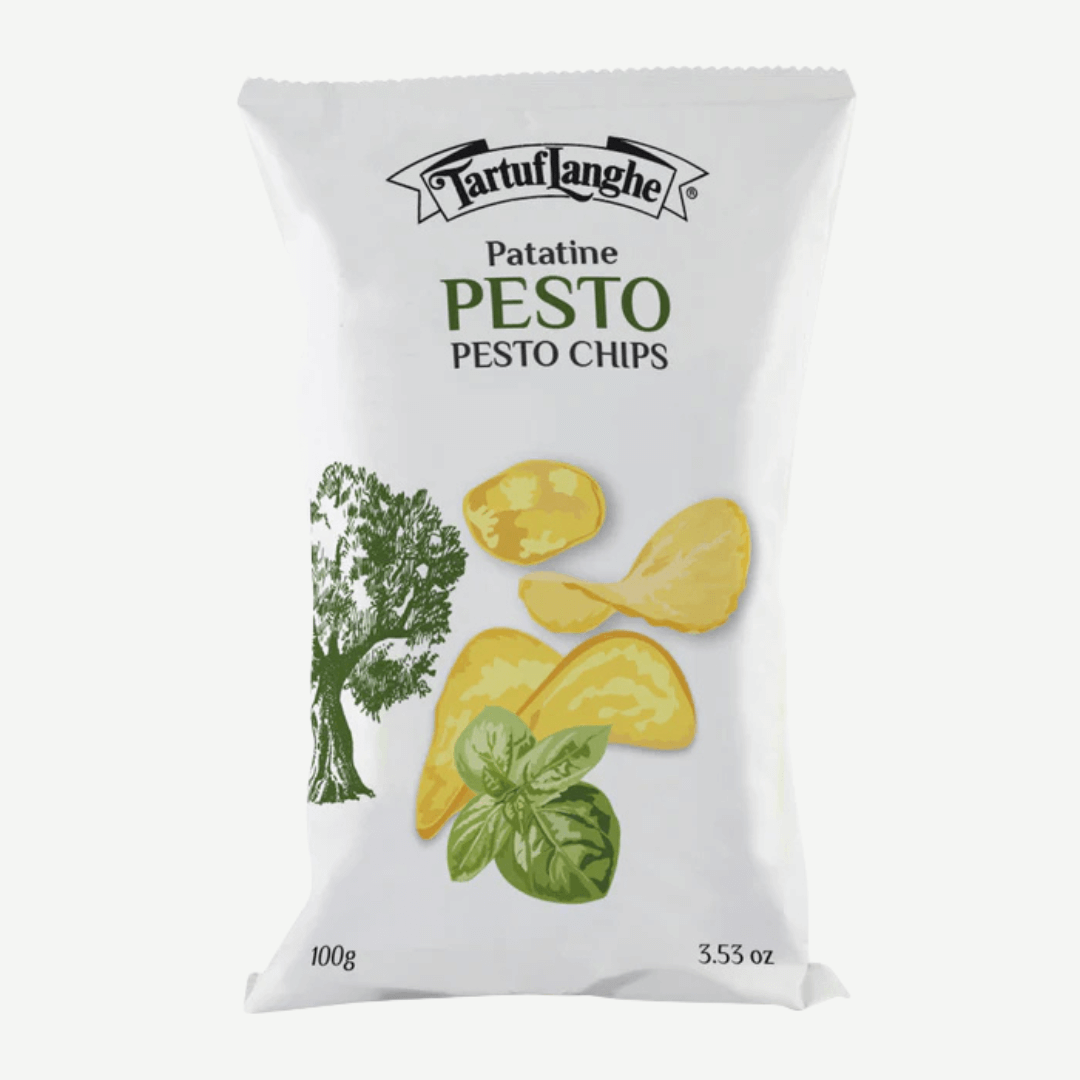 Pesto Potato Chips packaged in a white bag with green accents, featuring illustrations of potatoes and basil.