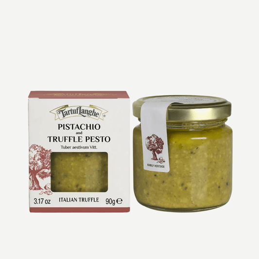 Pistachio and Truffle Pesto jar and box packaging, showcasing Italian summer truffle flavor.