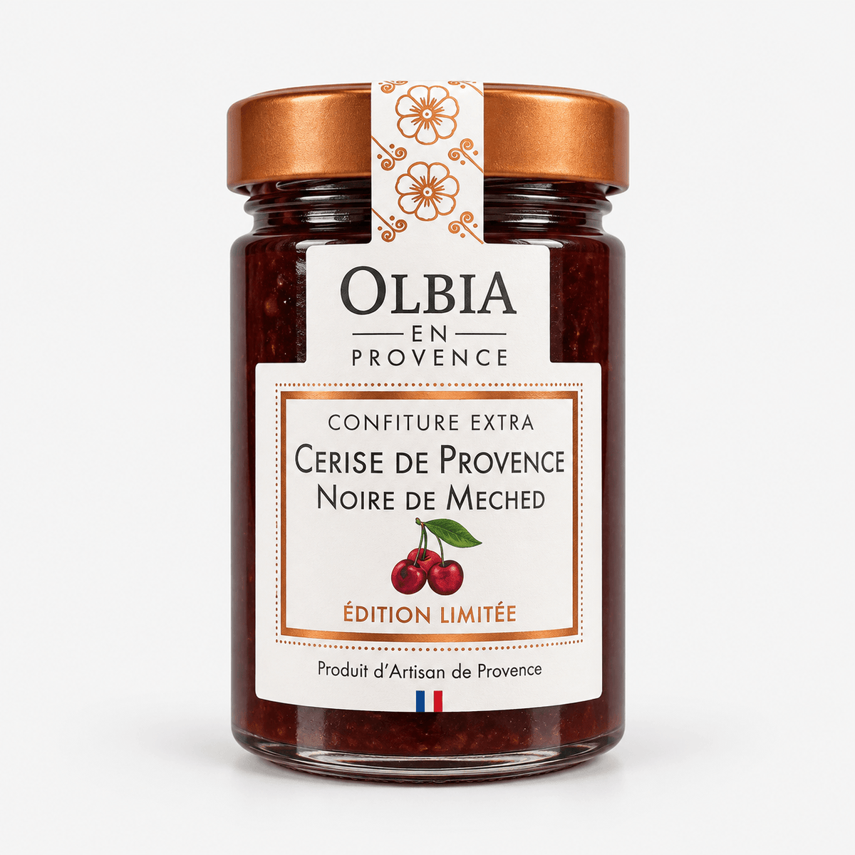 Olbia Meched Black Cherry Jam in a jar, showcasing rich black cherry flavor and sweet preserve.