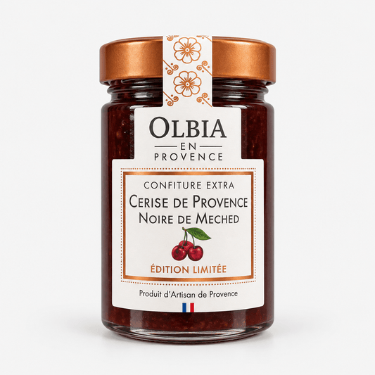 Olbia Meched Black Cherry Jam in a jar, showcasing rich black cherry flavor and sweet preserve.
