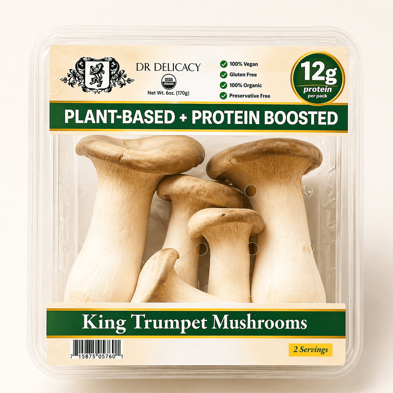Vegan protein mushroom pack featuring king trumpet mushrooms, 12g protein, gluten-free, ideal for healthy meals.