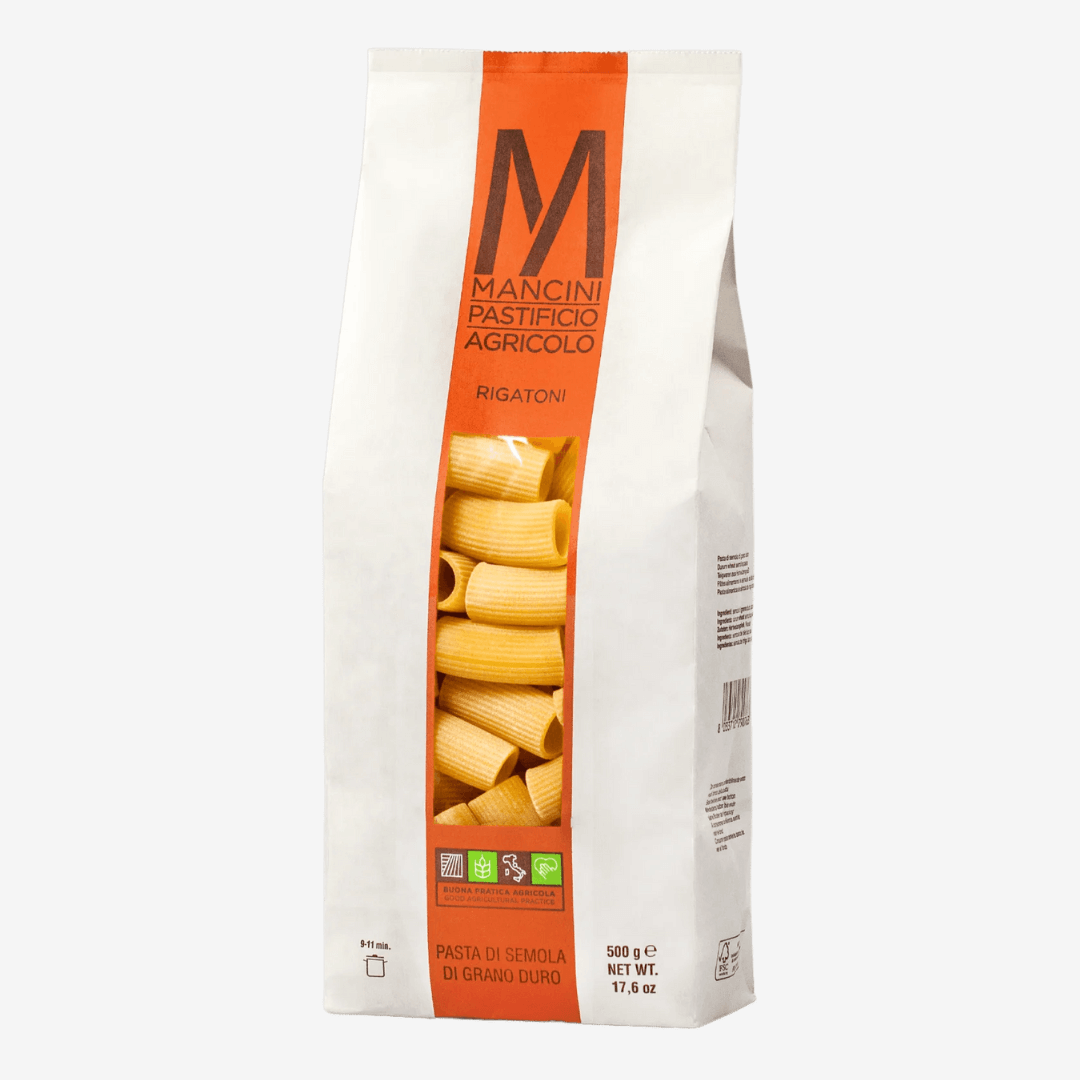 Mancini Italian Pasta Rigatoni package featuring durum wheat pasta from Le Marche, Italy, 17.6 oz.