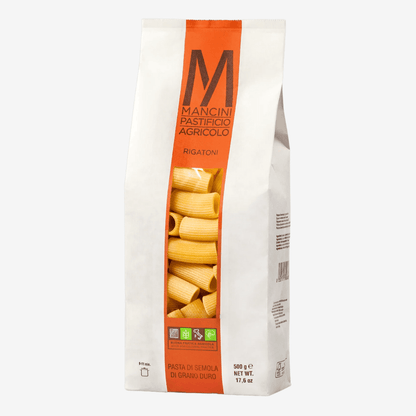 Mancini Italian Pasta Rigatoni package featuring durum wheat pasta from Le Marche, Italy, 17.6 oz.