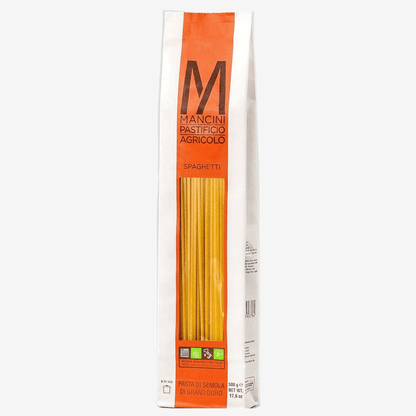 Mancini Italian Pasta spaghetti package, made from 100% durum wheat semolina from Italy, 17.6 oz.