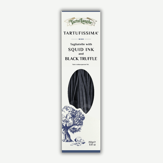 Squid Ink Truffle Pasta packaging featuring TartufLanghe's Tartufissima Tagliatelle with squid ink and black truffle.