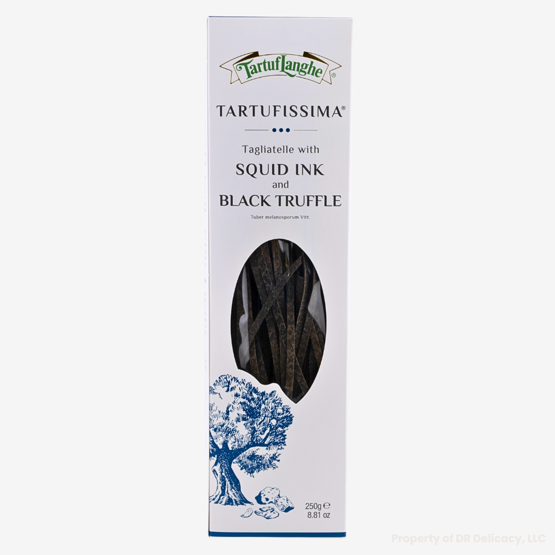 Squid Ink Truffle Pasta in a stylish TartufLanghe packaging, showcasing gourmet tagliatelle with black truffle.
