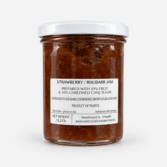 La Trinquelinette Strawberry & Rhubarb Jam jar with ingredients and label details.