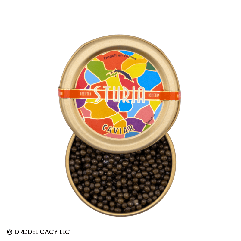 Sturia Osetra Classic Caviar tin showcasing refined dark amber pearls and colorful lid design.