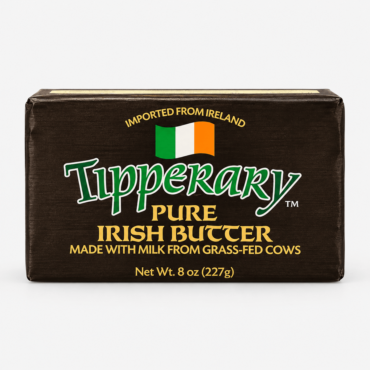 Tipperary Pure Salted Irish Butter package featuring a green logo and Irish flag, made from grass-fed cow's milk.