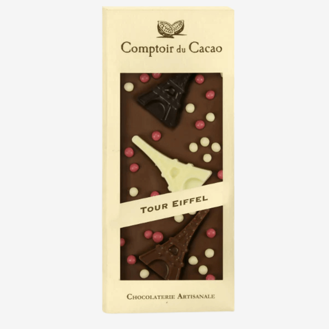 Tour Eiffel Dark Chocolate Bar by Comptoir du Cacao with elegant Eiffel Tower design and colorful toppings.