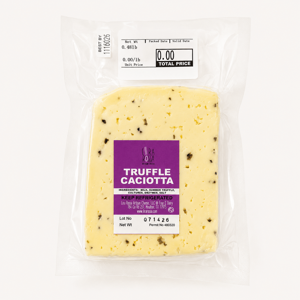 Truffle Caciotta – Italian Truffle Cheese packaged block showing creamy texture and earthy truffle flavor.