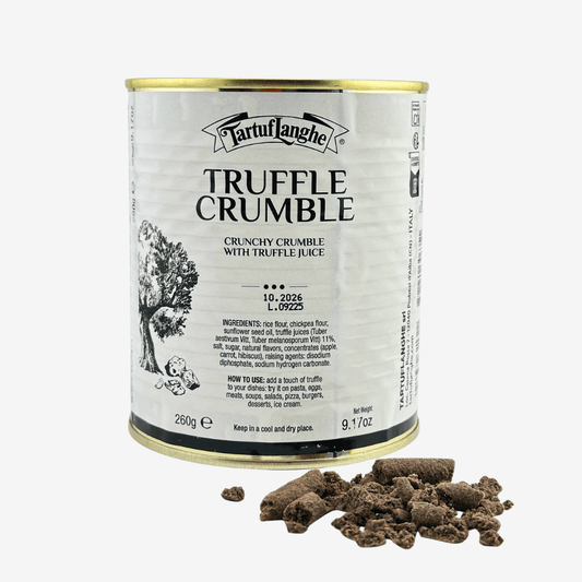 Truffle Crumble can with crunchy crumble and truffle juice on the side, perfect for enhancing various dishes.
