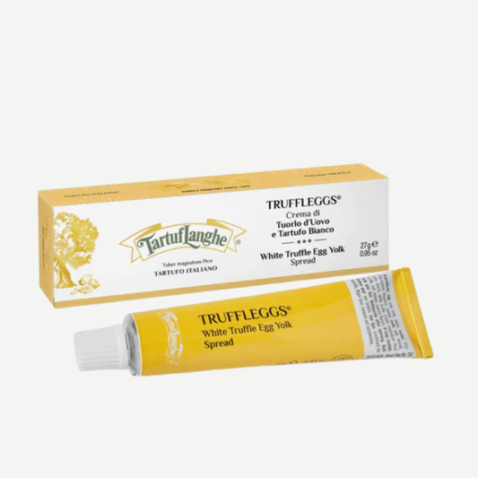 White Truffle Egg Yolk Spread in a tube with packaging showcasing its Italian truffle and egg blend.