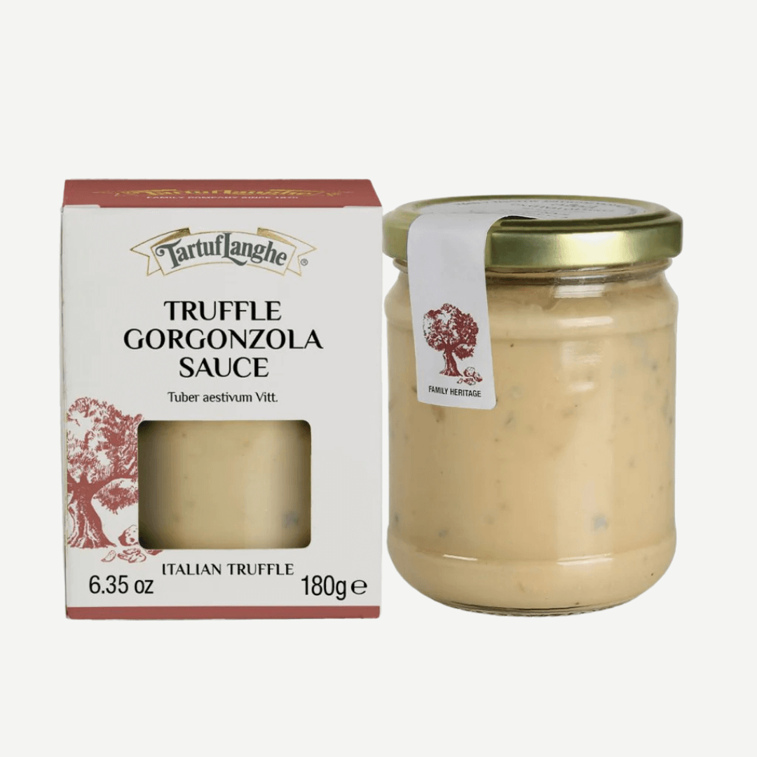 Truffle Gorgonzola Sauce in a jar with packaging, showcasing its rich, creamy texture and luxurious flavor.