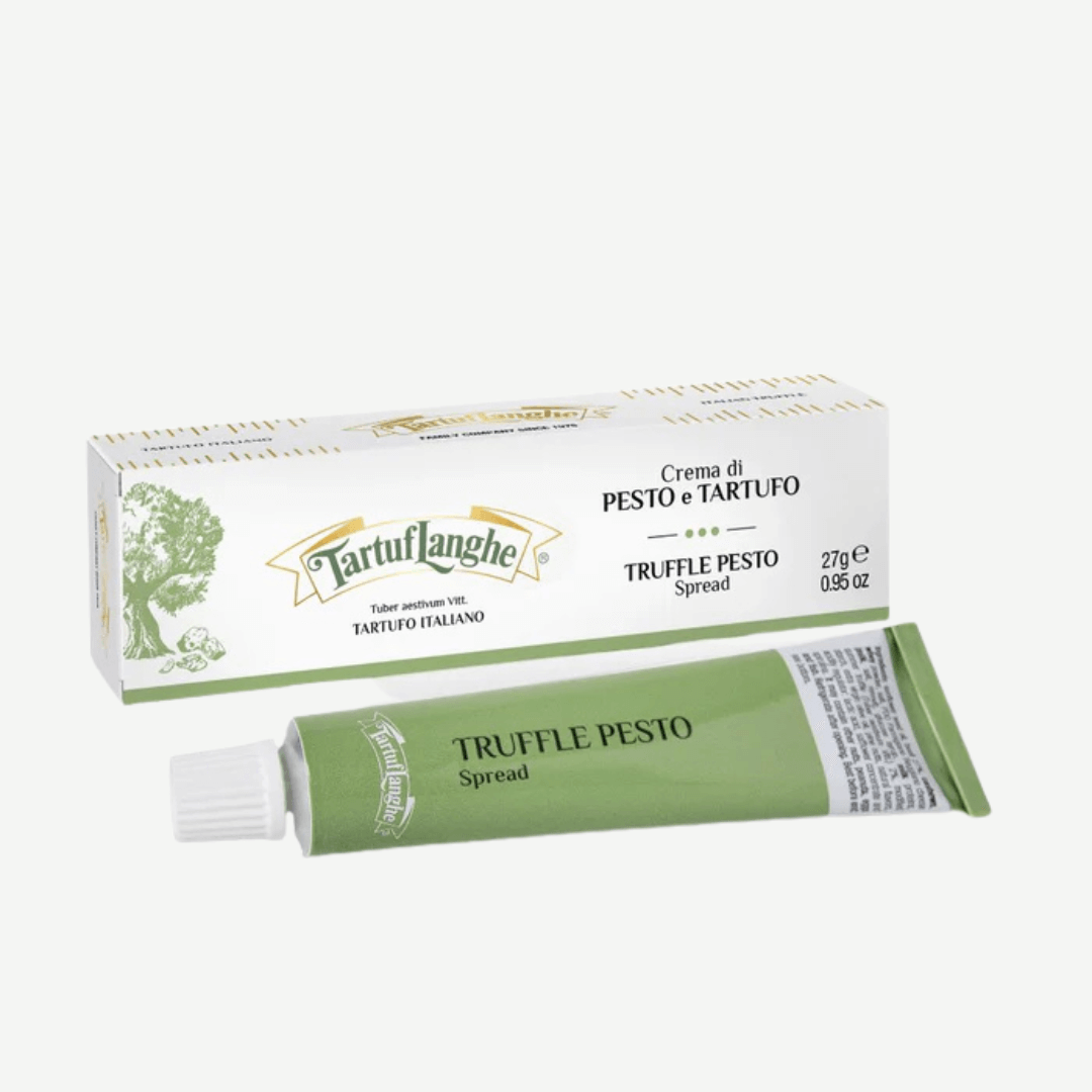 Truffle Pesto spread in a green tube with packaging, ideal for enhancing Italian dishes.