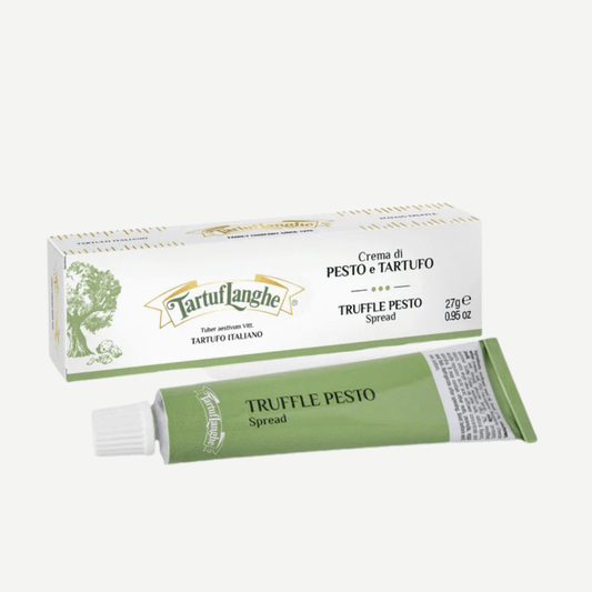 Truffle Pesto spread in a green tube with packaging, ideal for enhancing Italian dishes.