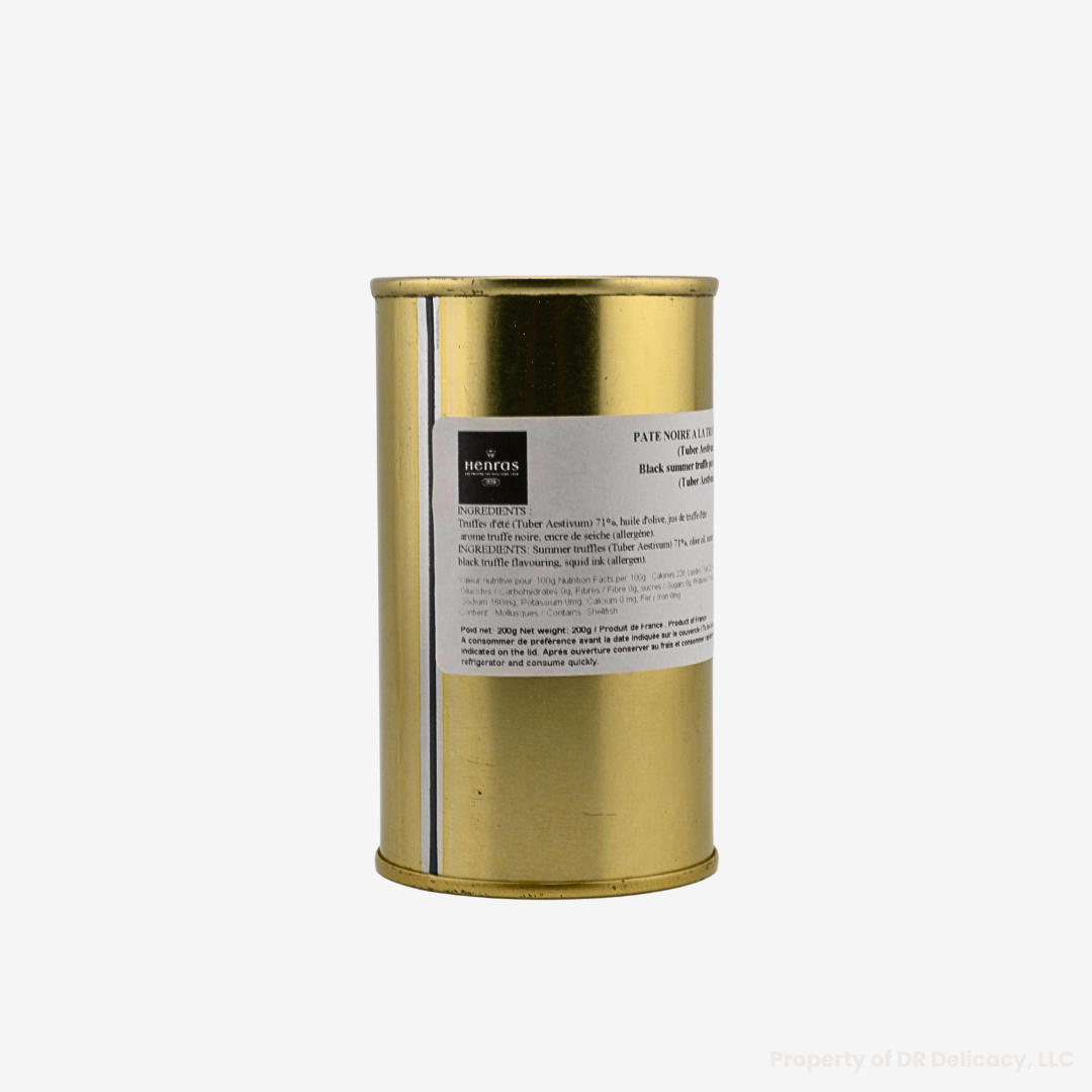Black Summer Truffle Paste in a gold tin from Maison Henras, showcasing its elegant packaging.