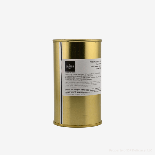 Black Summer Truffle Paste in a gold tin from Maison Henras, showcasing its elegant packaging.