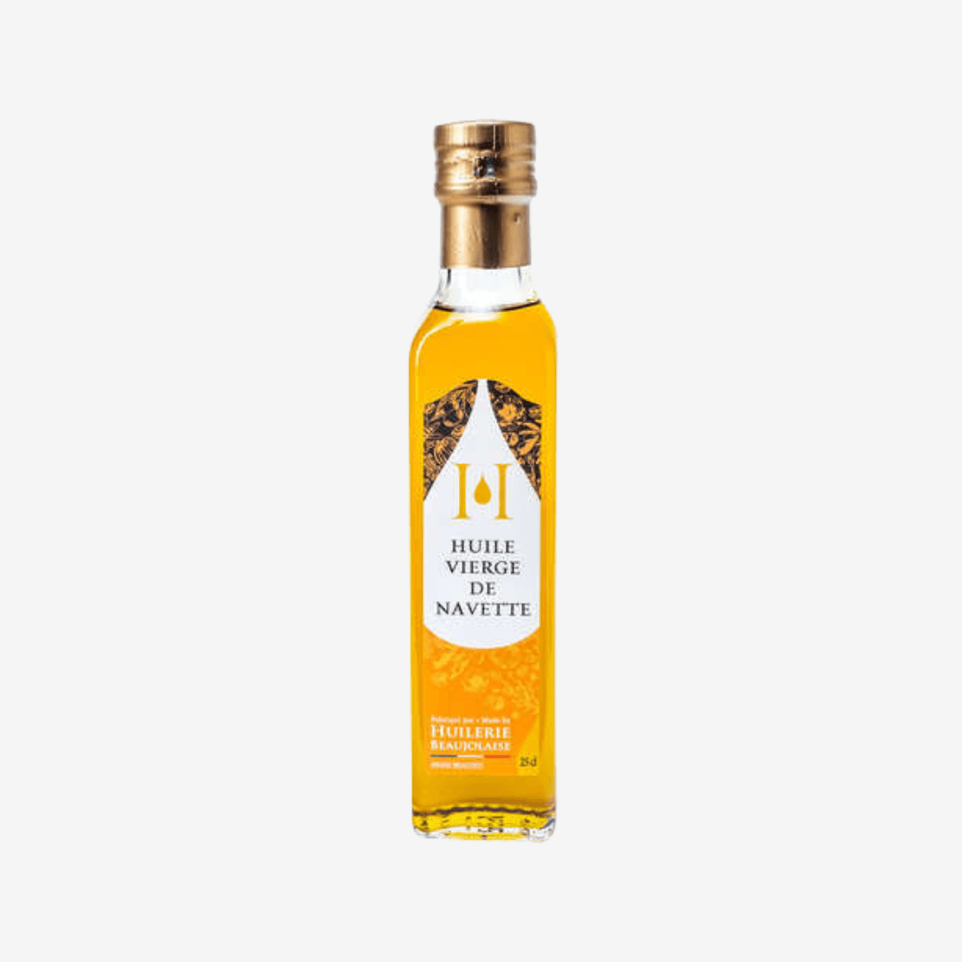 Bottle of Huile Vierge de Navette, amber-hued virgin turnip seed oil from France, perfect for enhancing salads and soups.