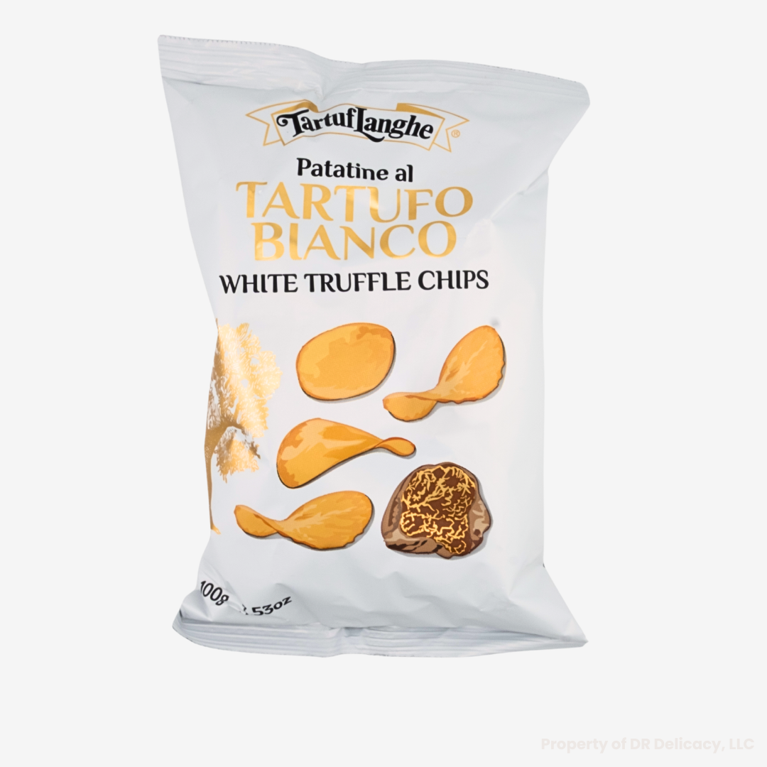 Packaging of White Truffle Potato Chips, featuring truffle imagery, perfect for upscale appetizers.