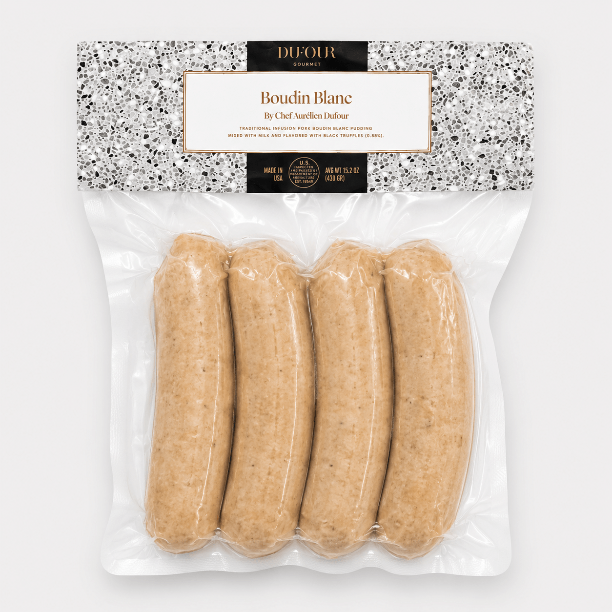 Dufour Boudin Blanc Sausage pack containing 4 links, perfect for gourmet meals and French cuisine.