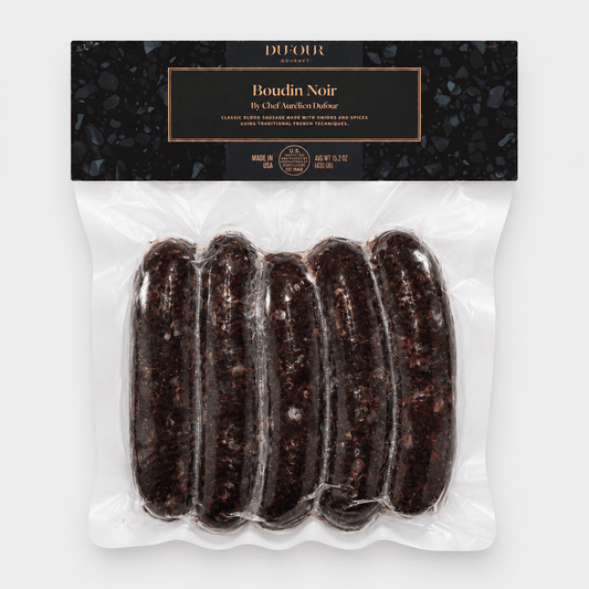 Dufour Boudin Noir Sausage packaged in a vacuum-sealed bag, featuring five links of traditional French blood sausage.