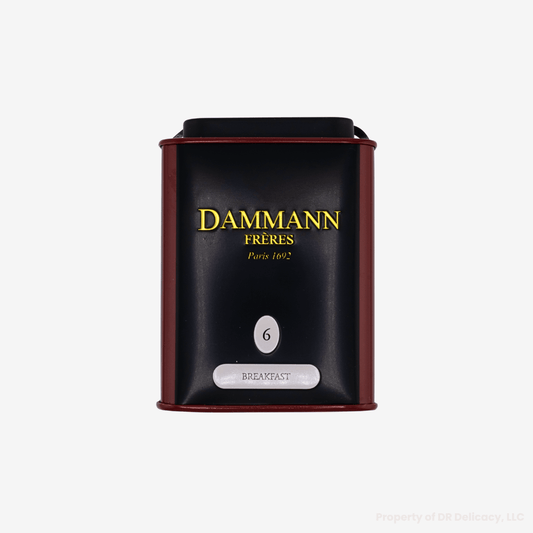 Damman Freres Breakfast Tea metal box featuring elegant design and branding for a premium tea experience.