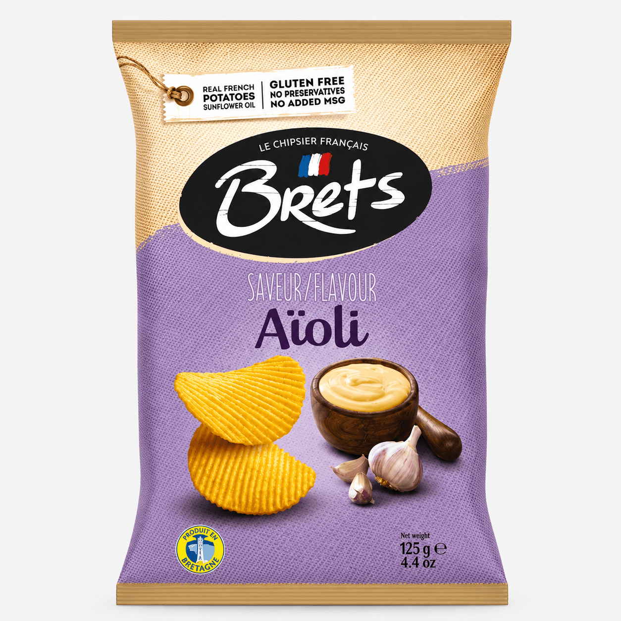 Brets Aioli Potato Chips package featuring garlic aioli and crispy chips in a purple design, 4.4 oz snack.