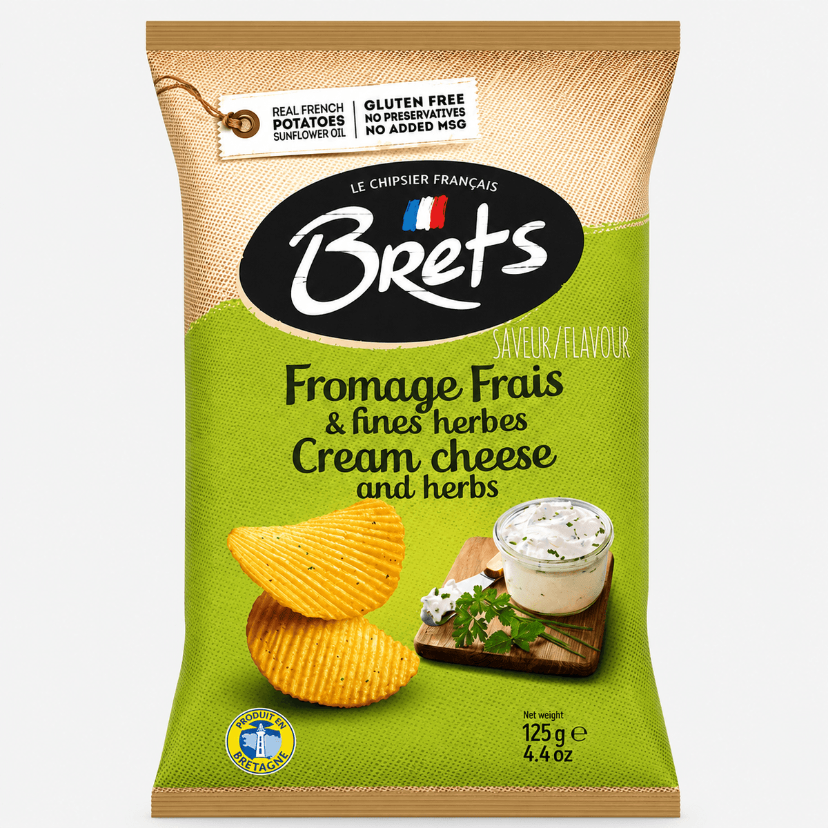 Brets Cream Cheese & Herbs Potato Chips with smooth creamy texture and aromatic herbs, 4.4 oz bag.