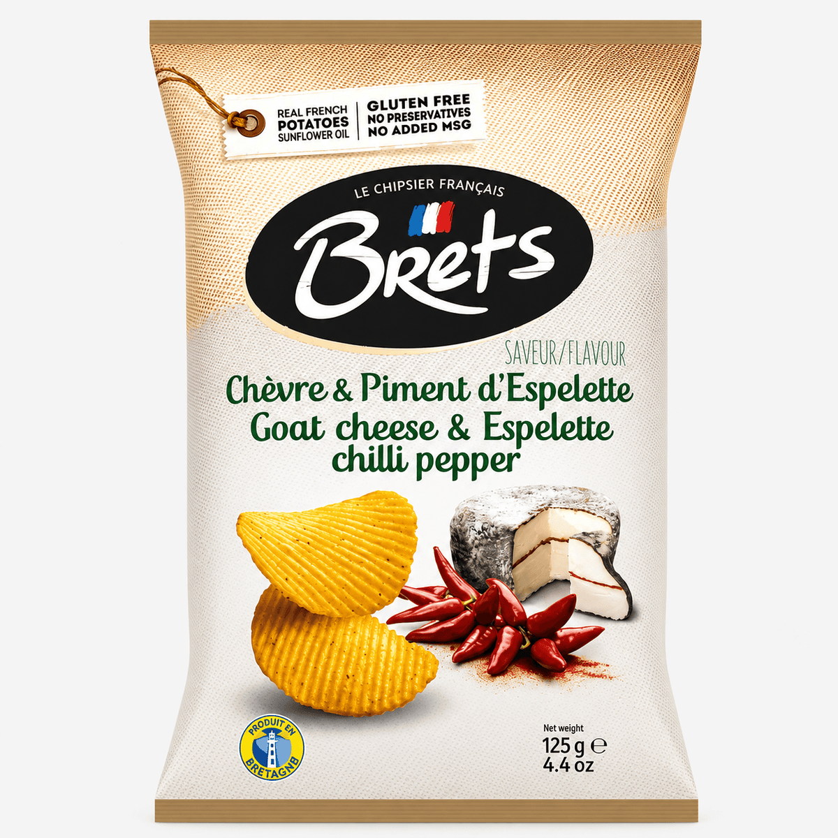 Brets Goat Cheese & Espelette Chili Pepper Potato Chips 4.4 oz packaging with ridged potato chips and cheese.