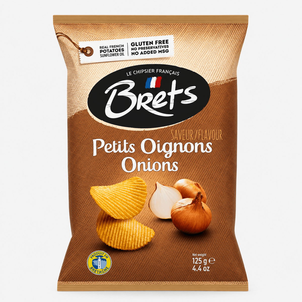 Brets Onion Potato Chips bag featuring light, crispy French potato chips with onion flavor, 4.4 oz.
