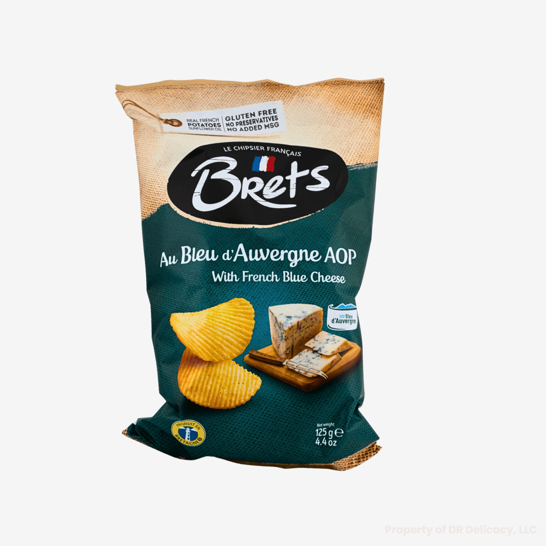 Brets French Blue Cheese Potato Chips bag featuring gluten-free chips with Bleu d'Auvergne AOP.