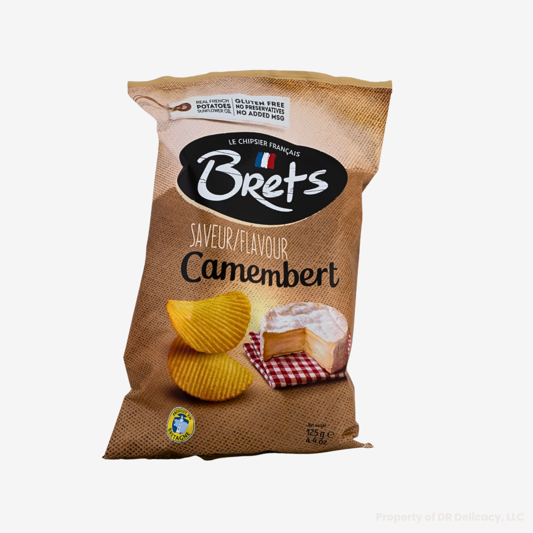 Brets Camembert Potato Chips packaging showcasing gluten-free, crinkle cut chips with Camembert cheese flavor.