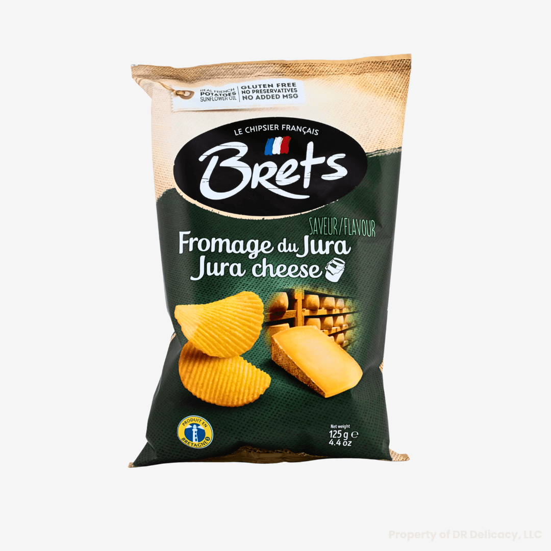Brets Fromage du Jura Potato Chips bag featuring creamy Jura cheese flavor and gluten-free ingredients.