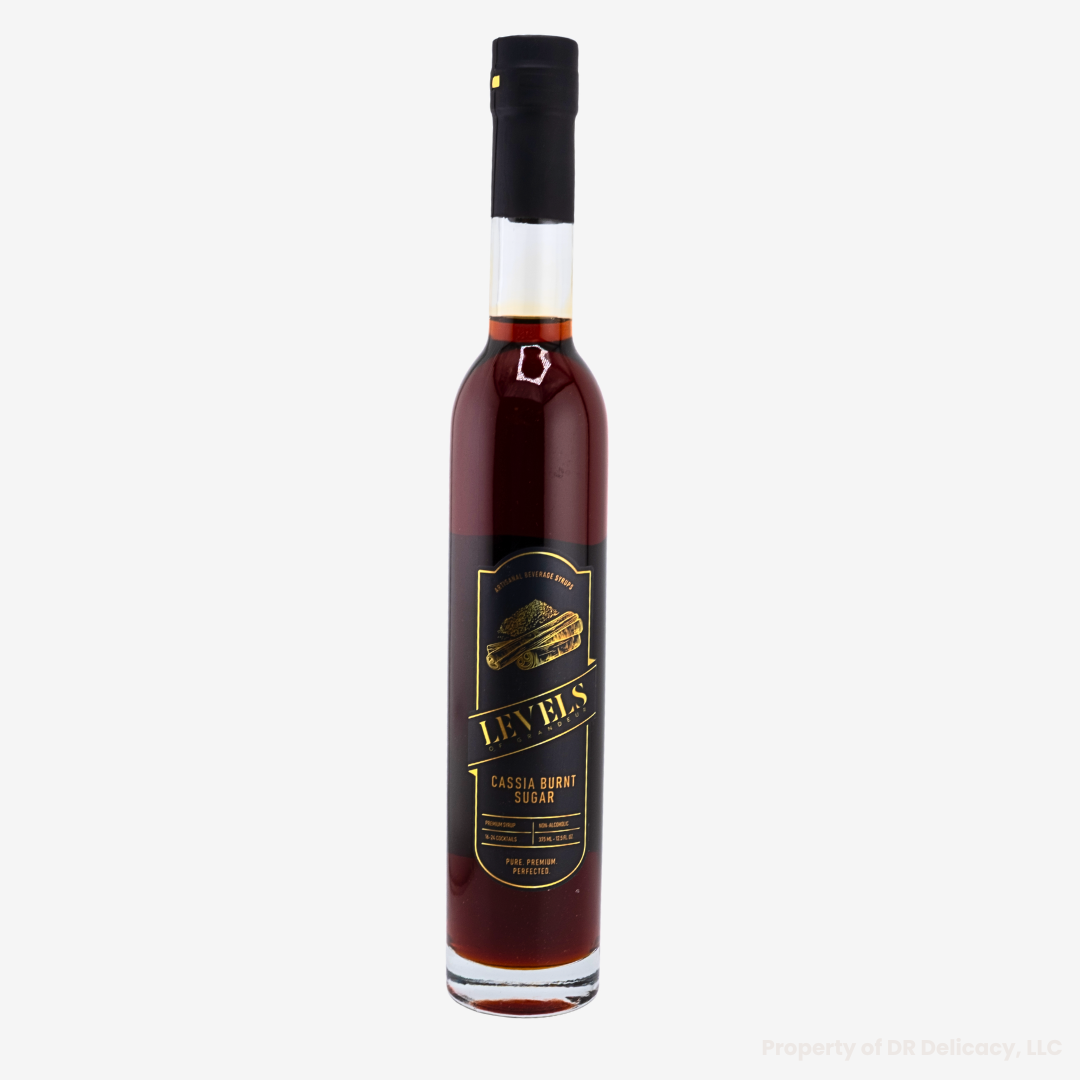 Cassia Burnt Sugar Syrup bottle, rich and aromatic syrup for coffee, cocktails, and desserts by a Texas-based duo.