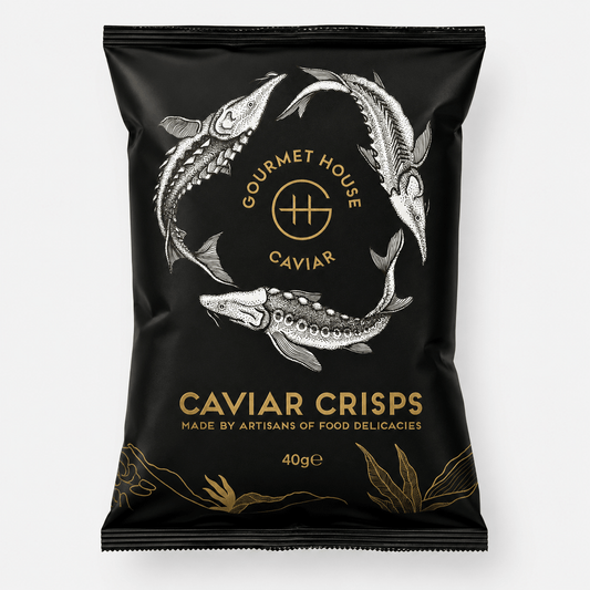 Caviar Flavored Potato Crisps packaged in a gourmet black bag featuring artistic fish illustrations.
