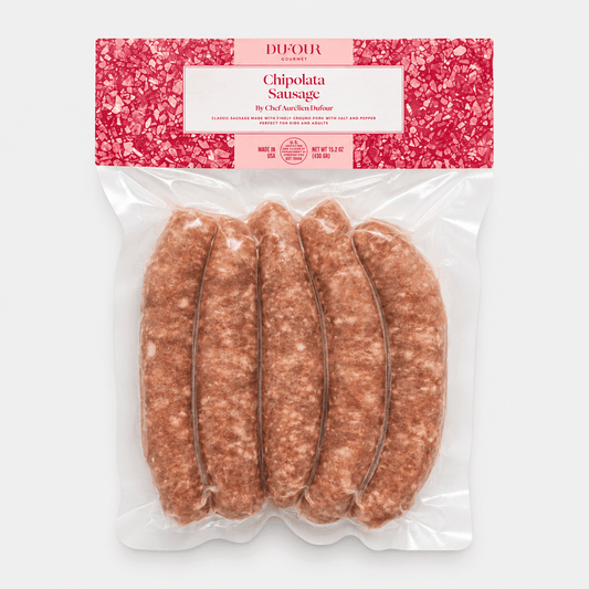 Dufour Chipolata Sausage package containing five traditional French sausages, 16 oz net weight.