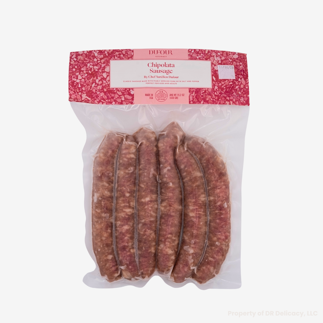 Dufour Chipolata Sausage package featuring five sausages, made from premium pork, without antibiotics or nitrates.