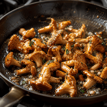Fresh Chanterelle Mushrooms sautéed in butter for a rich, earthy flavor in a skillet.