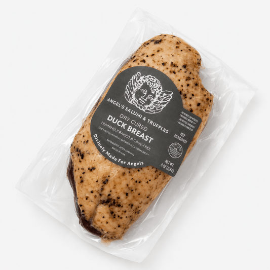 Cured Duck Breast by Angel's, air-cured for rich flavor, packed in 10.5 oz to 12 oz serving, perfect for gourmet dishes.