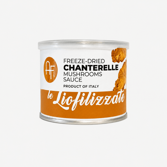 Freeze-dried Chanterelle Mushroom Sauce canister, product of Italy, featuring vibrant design and flavor showcasing.