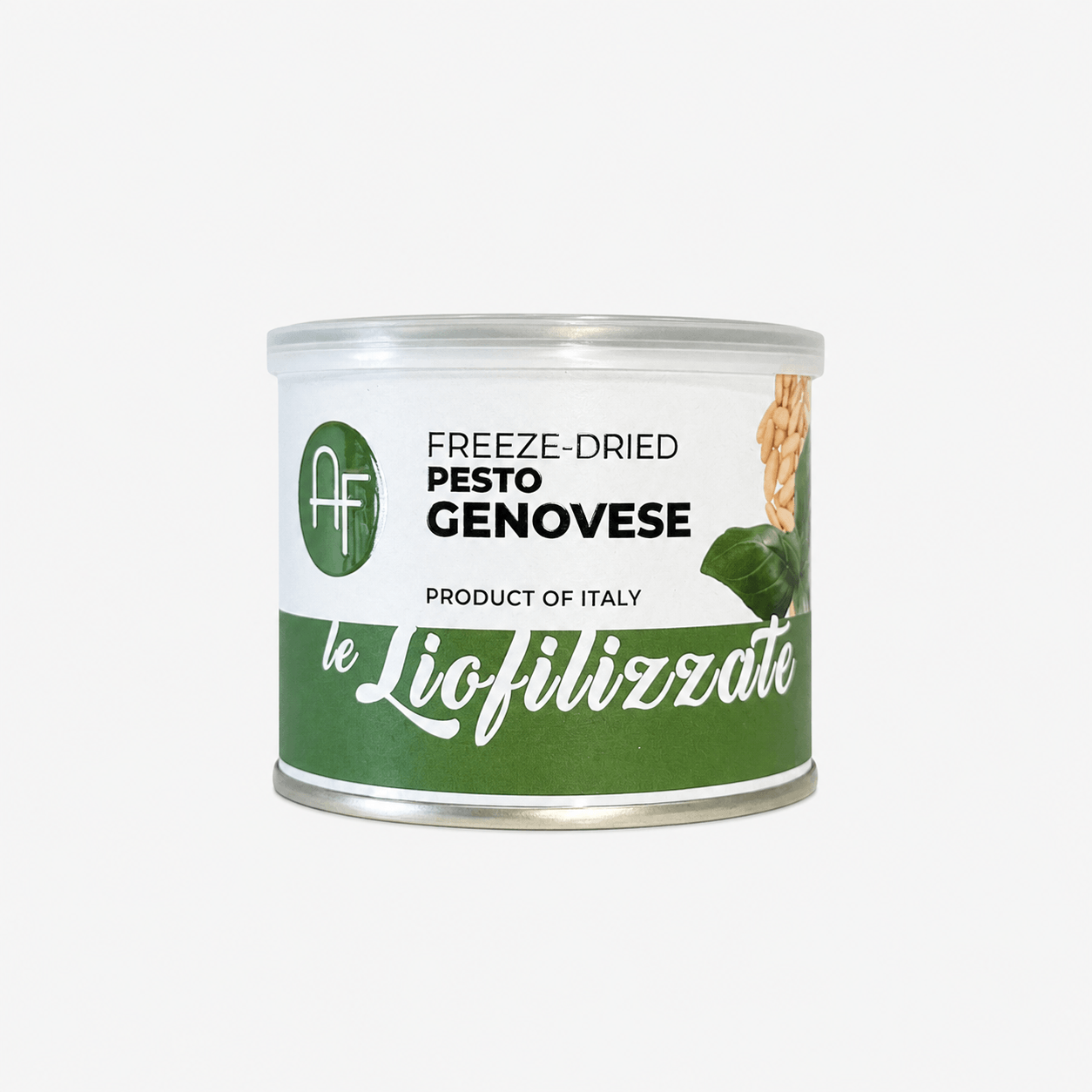 Freeze-dried Pesto Genovese canister, product of Italy, featuring its flavorful pesto for versatile cooking.